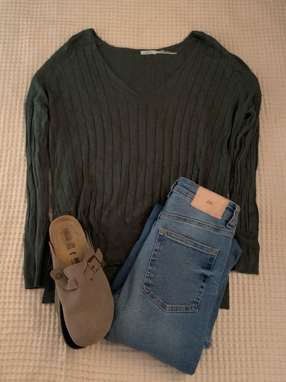 Kimchi Blue Dark Green Ribbed V-Neck Sweater